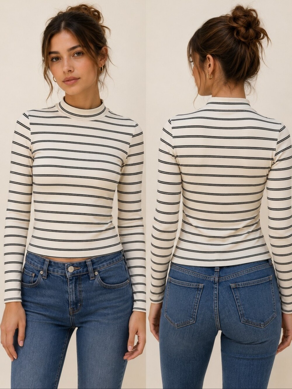 Forever 21 Striped Mock Neck Long Sleeve Top Y2K Soft Girl Basic Size S